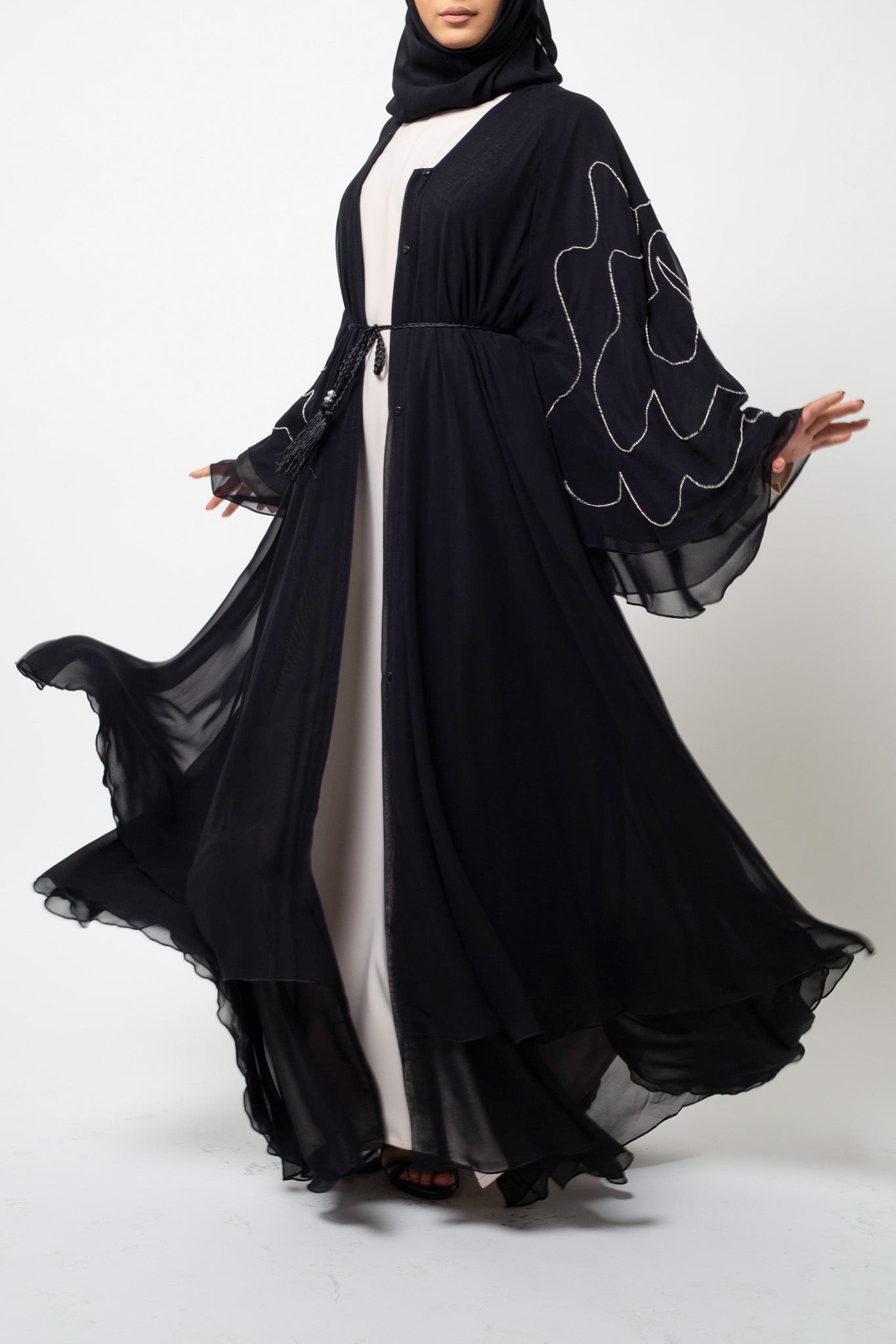 Brown Linen Blend Frayed Sleeve Open Abaya - Image 2