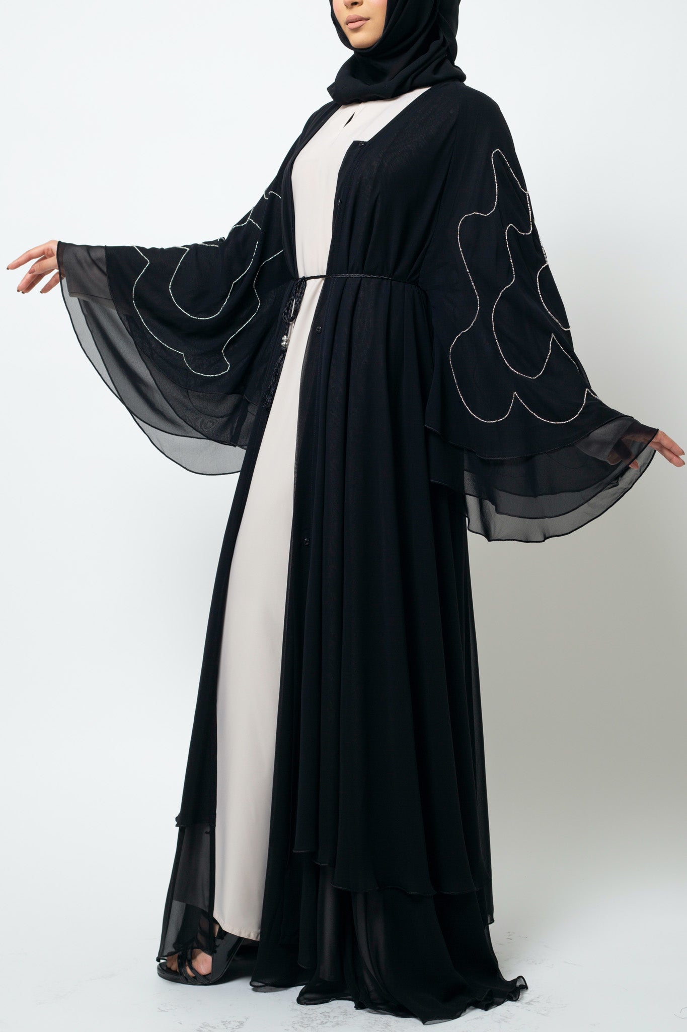 Brown Linen Blend Frayed Sleeve Open Abaya