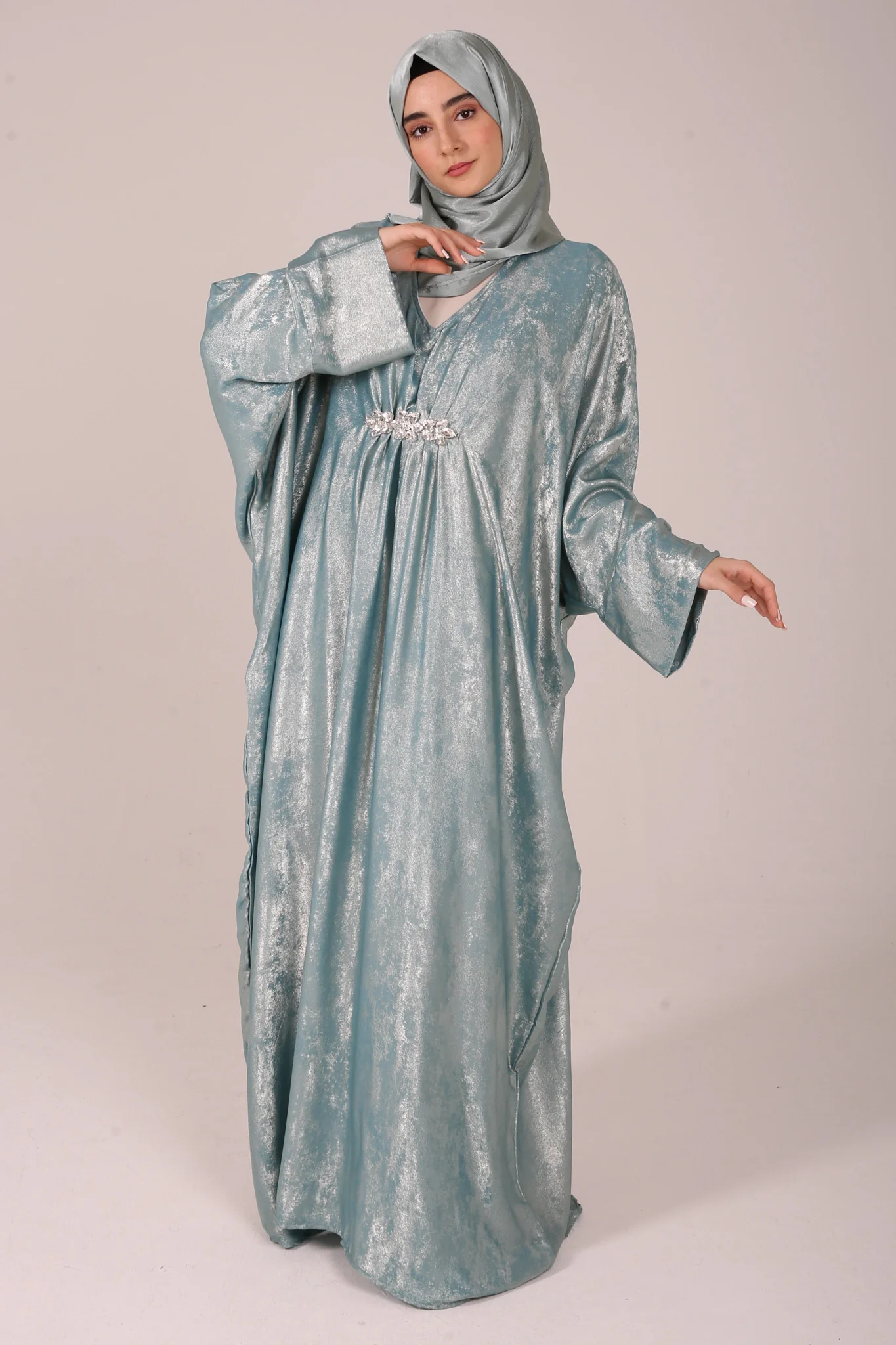 Ocean Mist Closed Butterfly Abaya With Stone Work